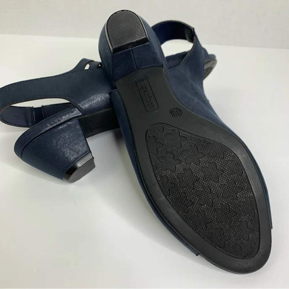 Sugarfoot New Navy Cut Out Open Toe Slingback 2” heeled Career Sandals Size 8.5